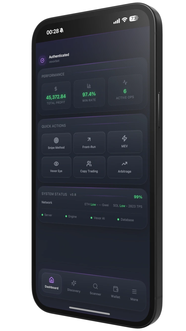 Degen Sniper Bot desktop crypto sniper interface featuring MEV bot controls, front-run protection, and multi-chain analytics