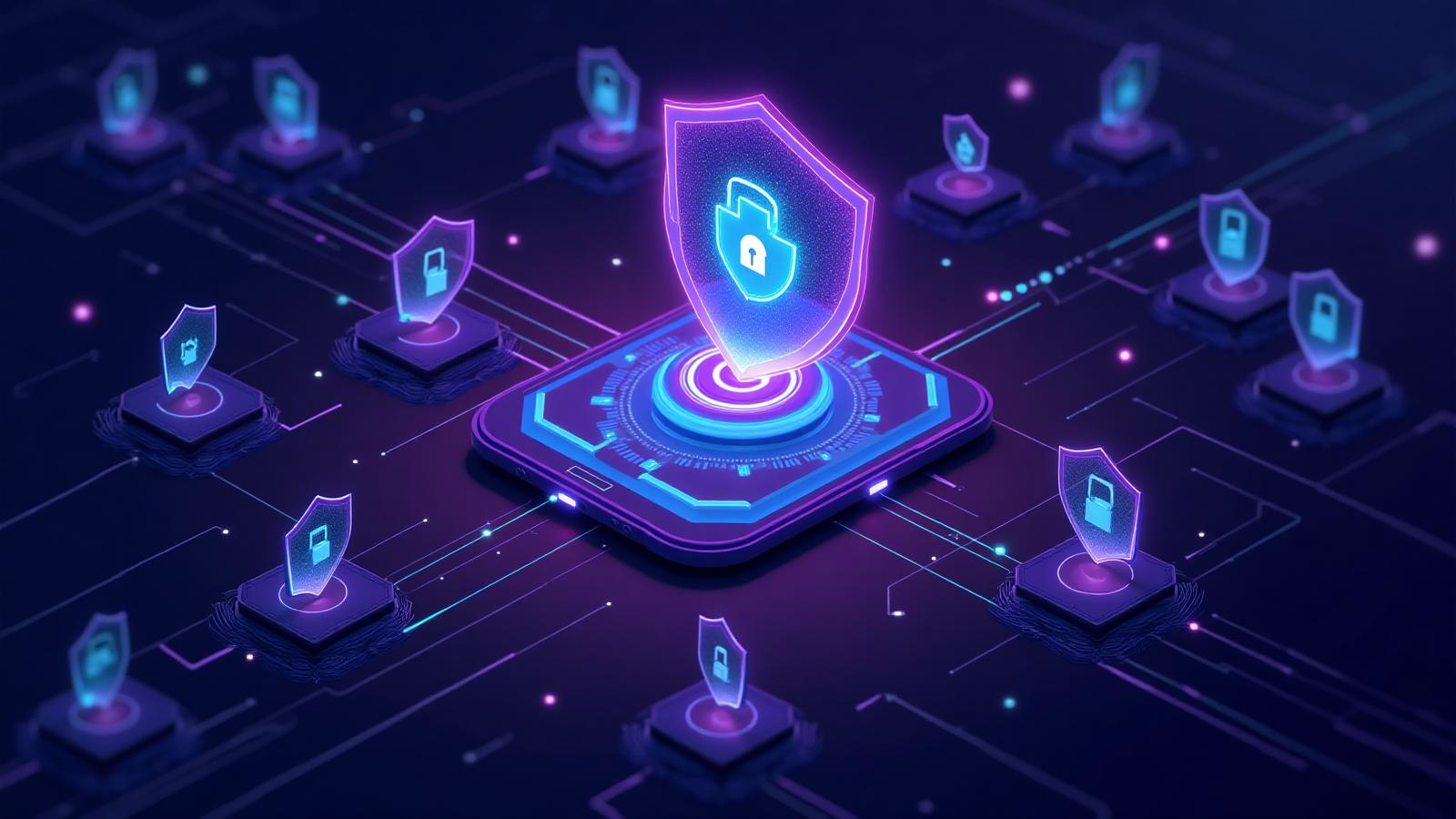Futuristic cybersecurity illustration showing blockchain networks protected by shields and security locks with purple and cyan gradients with crypto security best practices and trading bot protection
