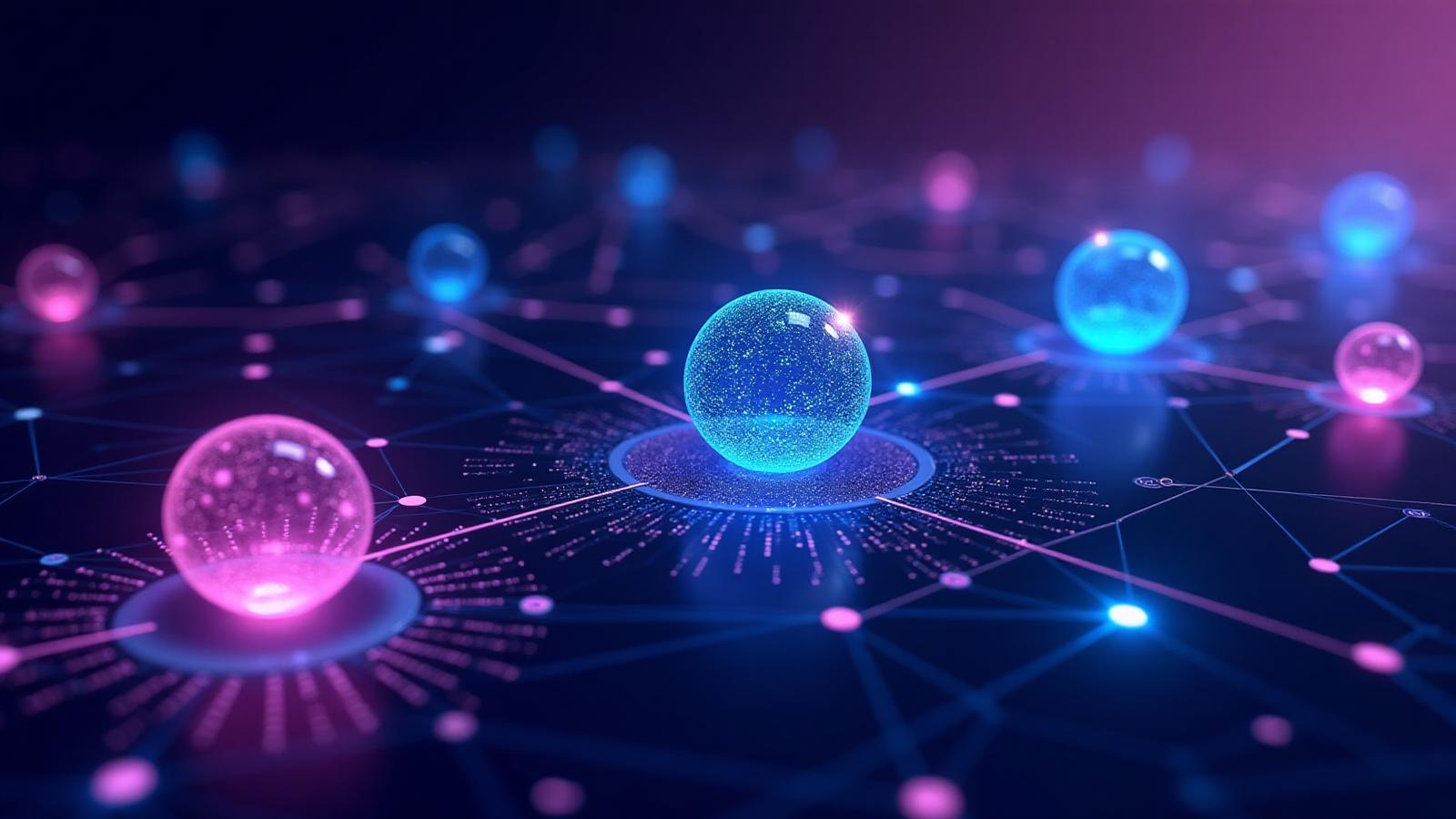 Abstract visualization of interconnected blockchain networks showing Ethereum, Solana, and BSC with glowing nodes and purple-cyan color gradients with MEV bot crypto strategies, front run bot crypto, and automated trading